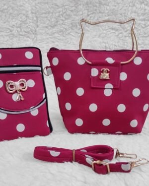Cute Girls Polka Dot Handbag Set with Cat Handle & Strap