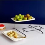 Double Layer Cake Stand with Ceramic Trays for Serving Desserts and Fruits