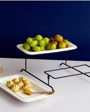 Double Layer Cake Stand with Ceramic Trays for Serving Desserts and Fruits