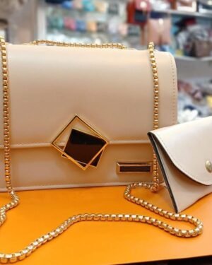 Elegant Beige PU Handbag with Golden Chain Set