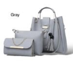 Girls Grey Leather Handbag Set 3Pcs Top Handle