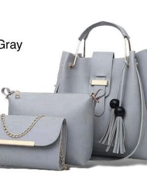 Girls Grey Leather Handbag Set 3Pcs Top Handle