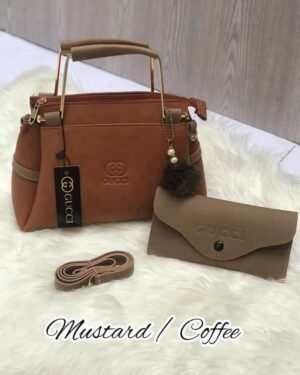 Girl's Mustard Coffee Rexine Handbag Set 2 Pcs