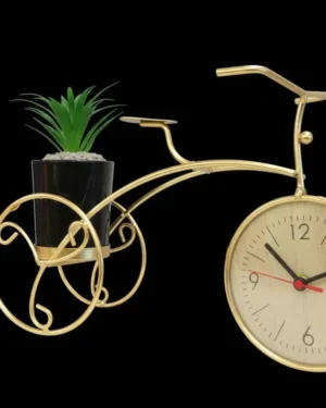 Golden Bicycle Design Table Clock with Planter, Metal, 35cm