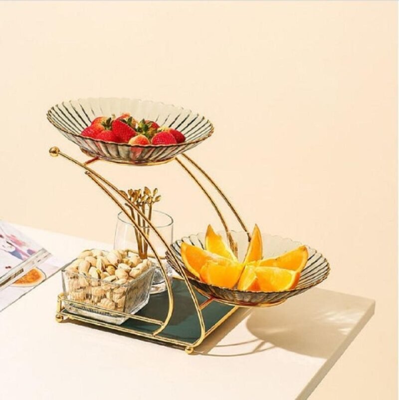 Golden Two Tier Fruit Bowl Set with Iron Stand