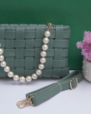 Green Braided Pearl Strap Handbag for Women