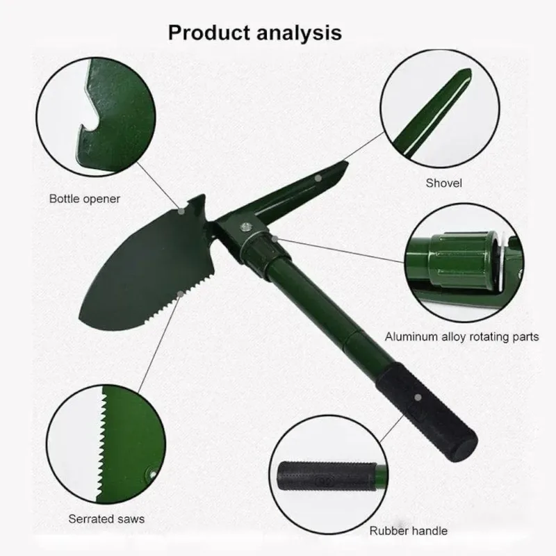 Green Foldable Multi-Tool Shovel with Saw & Bottle Opener