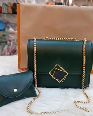 Green PU Leather Handbag with Golden Chain Set for Girls