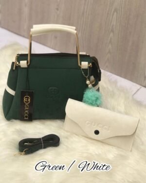 Green White Girl's Rexine Handbag Set with Top Handle