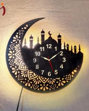 Islamic Wooden Wall Clock with LED Light & Mosque Design
