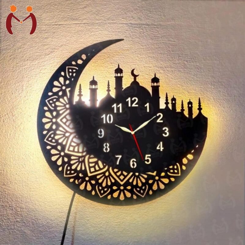 Islamic Wooden Wall Clock with LED Light & Mosque Design Islamic Wooden Wall Clock with LED Light & Mosque Design