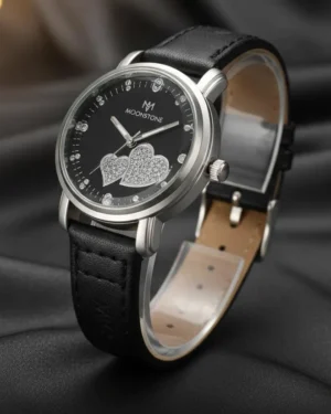 Ladies Black Heart Dial Leather Watch