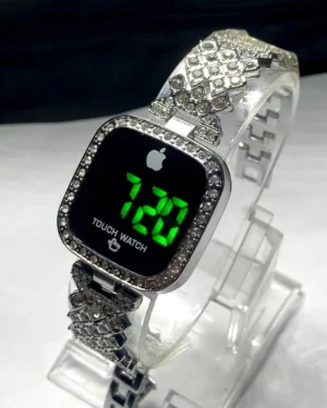 Ladies' Luxury Square-Face Touch Digital Watch with Full Crystal Embellishment