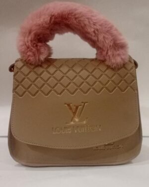 Louis Vuitton Style Faux Fur Handle Handbag Beige 9x11"