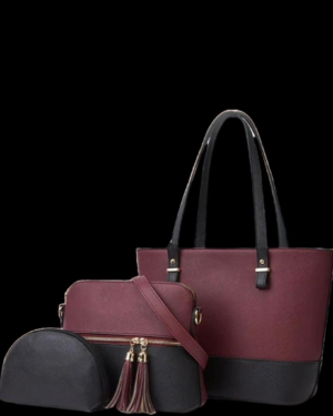 Maroon Black Textured 3-Piece Women's PU Leather Handbag Set
