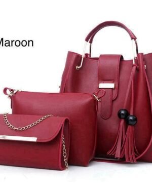 Maroon Leather Handbag Set for Girls 3 Pcs Top Handle