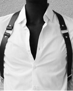 Men Black Leather Chest Strap Suspenders