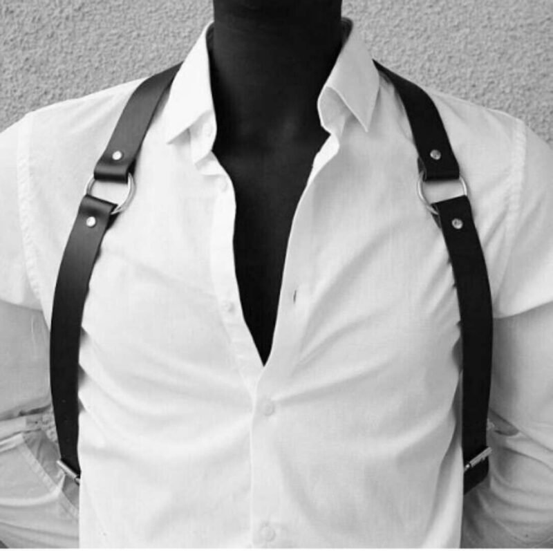 Men Black Leather Chest Strap Suspenders