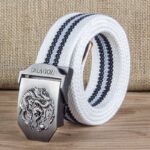 Men Canvas Belt with Dragon Buckle White Black Striped