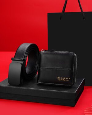 Men Leather Belt Wallet Set Black Automatic Buckle Gift Box