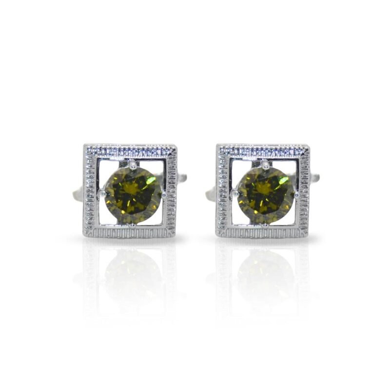 Men Square Cufflinks with Green Stone Silver
