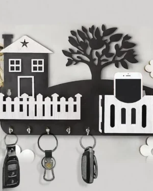 Modern Black Wooden Key Holder with Phone & Remote Stand