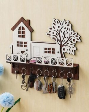 Modern Tree House Key & Mobile Holder, MDF, Black White, 6x8.5"