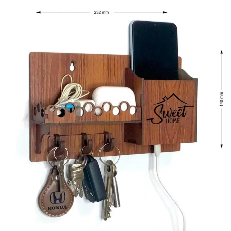 Modern Wall Mounted Key & Phone Holder Brown MDF
