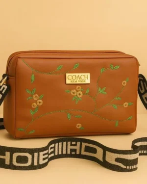 Mustard Embroidered Girl's Crossbody Bag PU Leather