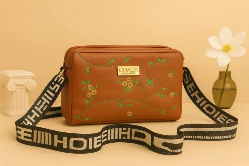 Mustard Embroidered Girl's Crossbody Bag PU Leather