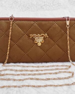 Mustard Quilted Velvet Wallet With Long Chain Strap