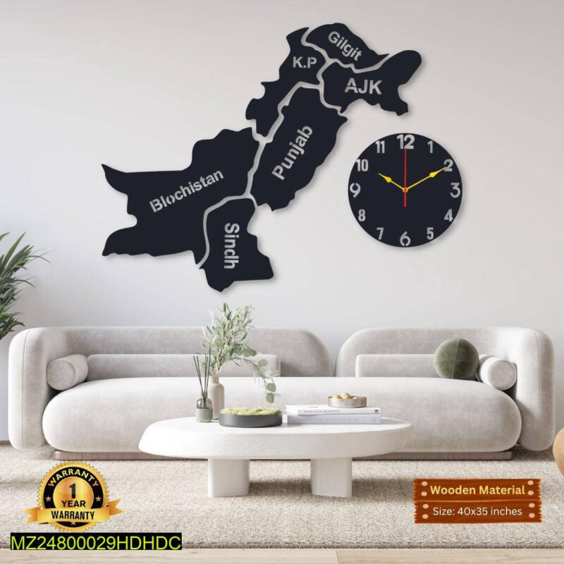 Pakistan Map Wall Clock Wooden 3D Design 40x35" Pakistan Map Wall Clock Wooden 3D Design 40x35"