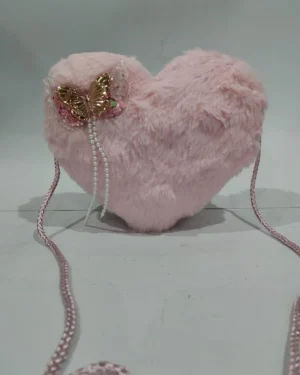 Peach Faux Fur Heart Crossbody Bag with Butterfly Decor