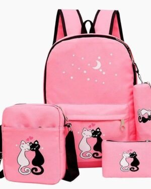 Pink Cat Print Backpack Set of 4 Waterproof Nylon