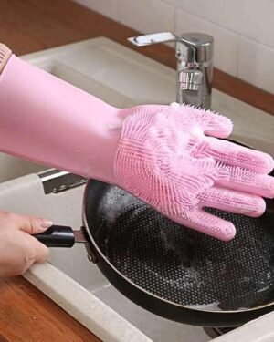 Pink Silicone Dish Washing Gloves for Kitchen Cleaning