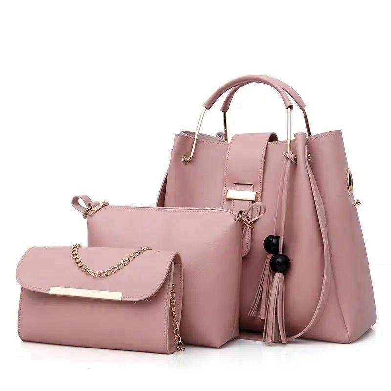 Pink Women's 3-Piece Rexine Handbag Set Pink Women's 3-Piece Rexine Handbag Set
