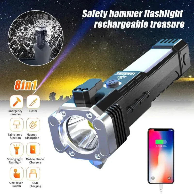 Rechargeable LED Torch with Safety Hammer & Fast Charging
