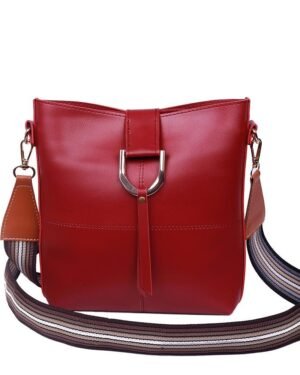 Red PU Leather Crossbody Bag with Striped Strap