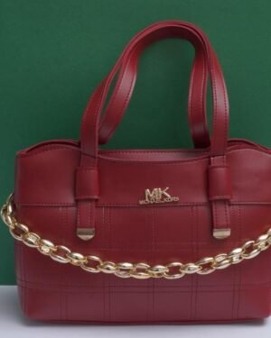 Red Textured Leather Handbag with Gold Chain Strap