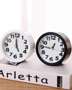 Round Alarm Clock White Black Modern Desktop Student Use