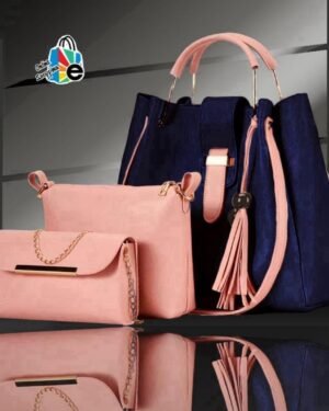 Stylish 3Pc Rexine Handbag Set Blue Girls