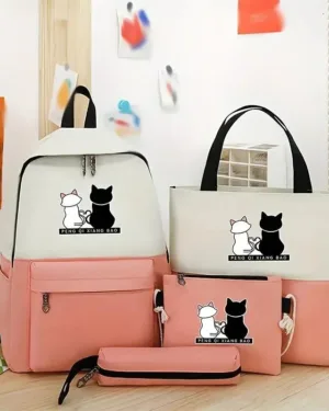 Stylish Cat Print 4-Piece Backpack Set Pink Black