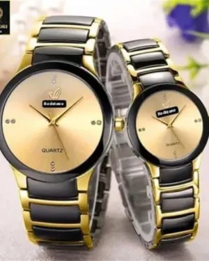 Stylish Couple Watches Black Gold Stainless Steel 2 Pcs