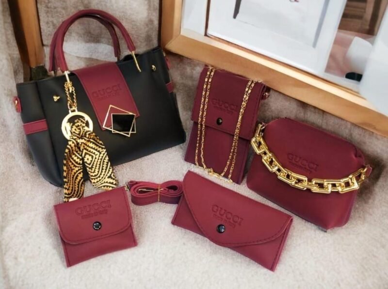 Stylish Girl's 4-Piece Leather Bag Set Black Maroon