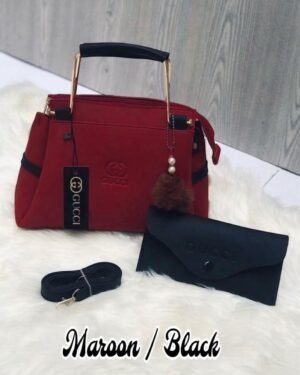 Stylish Girl's Maroon Black Rexine Handbag Set