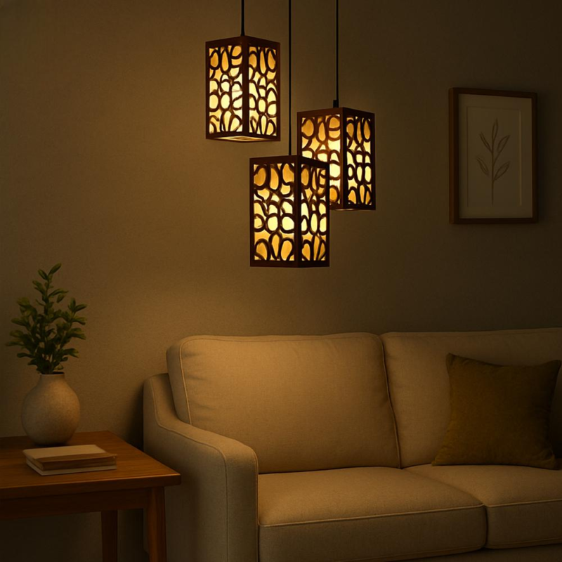 Stylish Wooden Pendant Lamp Golden Light Dark Brown