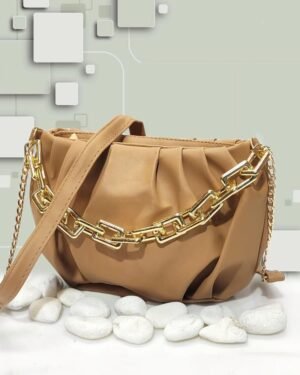 Trendy Camel PU Leather Crossbody Bag with Gold Chain