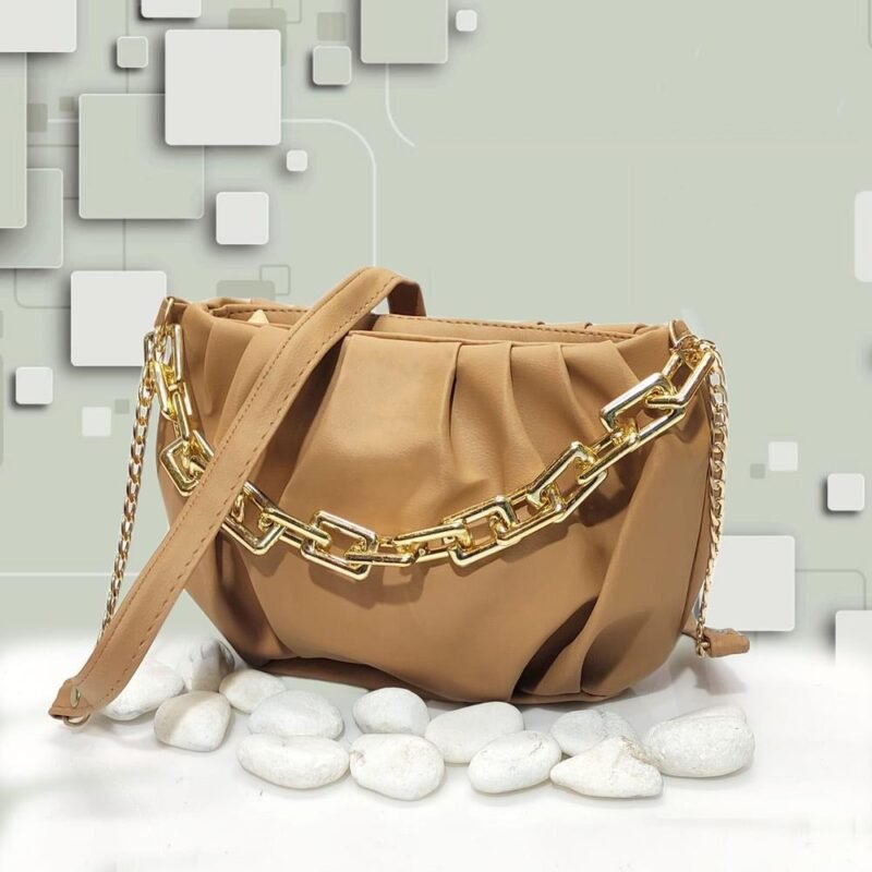 Trendy Camel PU Leather Crossbody Bag with Gold Chain