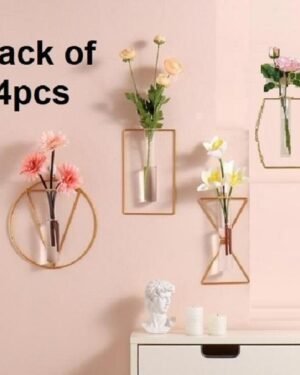 Wall-Mounted Glass Vase Set 4pcs Golden Metal Decor
