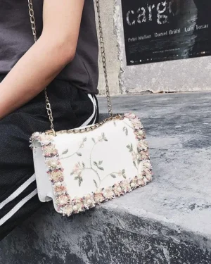 White Embroidered Crossbody Bag for Women